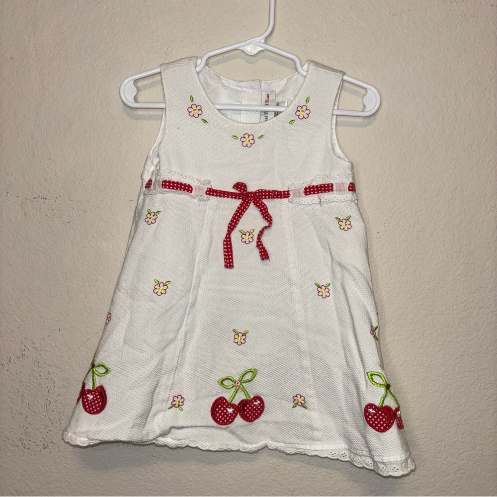 Sweet Heart Rose White Cherry Embroidered Dress with Red Ribbon
